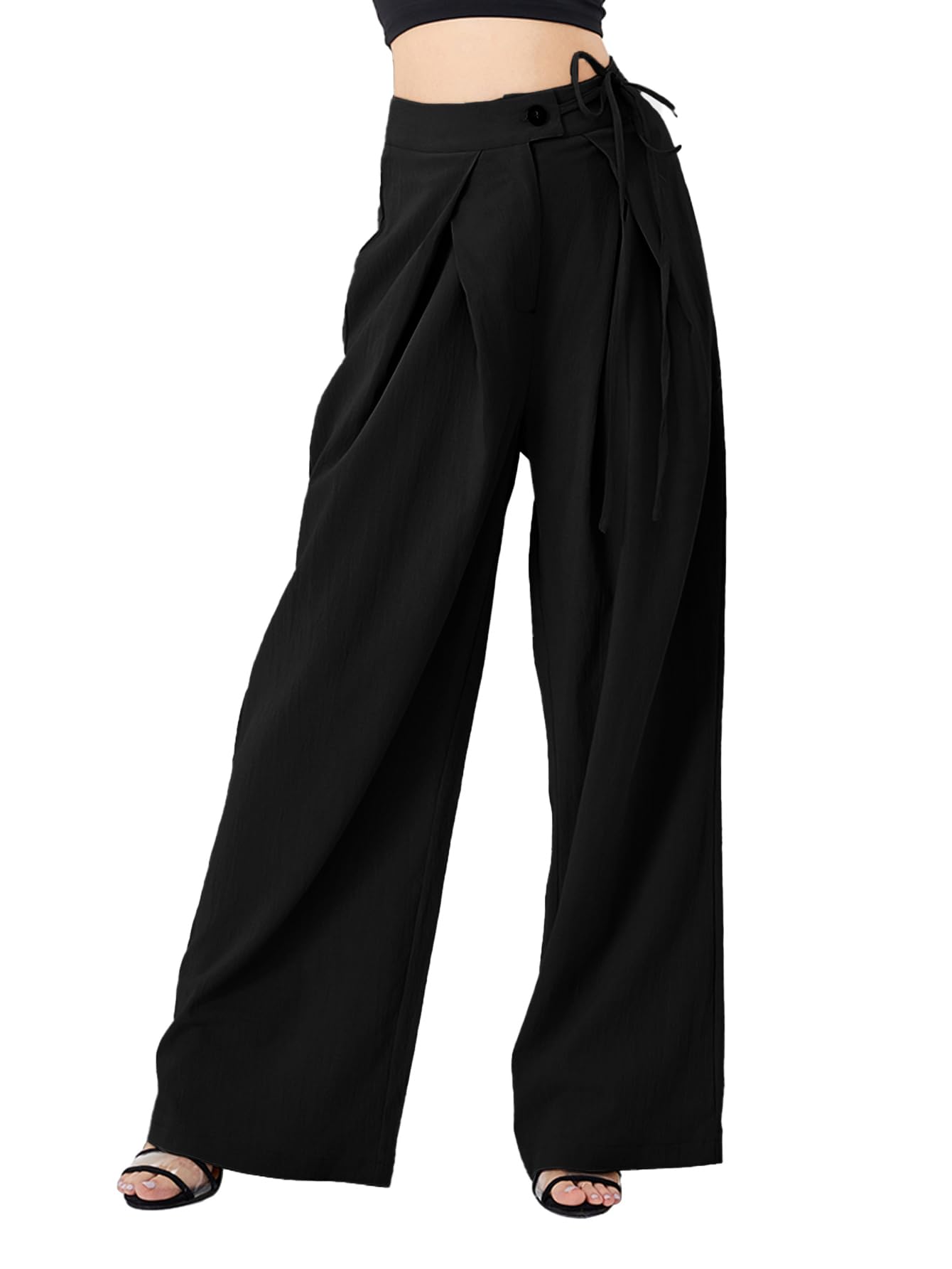 Scacto Womens Casual High Waist Wide Leg Pleated Pants Tie Waist Trousers