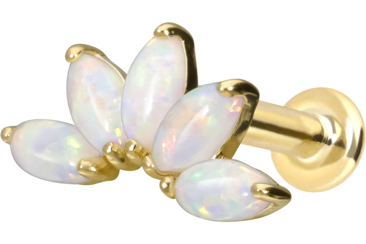 PIERCINGLINE 14 Karat Gold Ohr-Piercing Labret mit Innengewinde LOTUSBLÜTE + SYNTHETISCHE OPALE Farb & Größenauswahl
