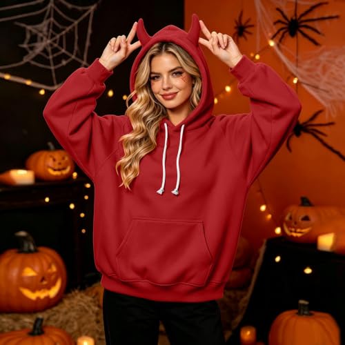 GOSEAGOTOFUN Cute Hoodies for Women Soft Fleece Hooded Sweatshirt Long Sleeve Loose Fit Pullover Halloween Cosplay Costume Red Small - image 2