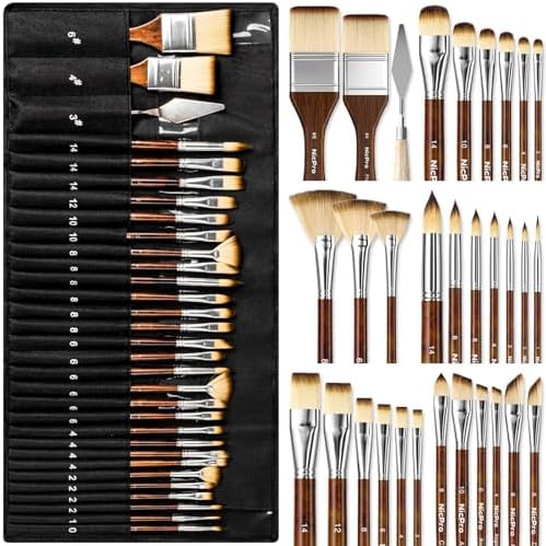 Nicpro Juego de 30 pinceles profesionales con espátula y rollo de tela, pinceles de pintura para pintura acrílica, óleo, acuarela, gouache, suministros de arte para artistas y principiantes