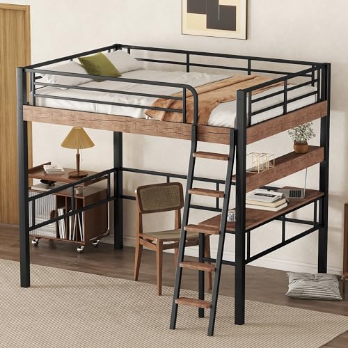LUMISOL Full Size Metal Loft Bed with Built-in Desk and Storage Shelf, Heavy Duty Loft Bed Frame for Kids No Noise, Black