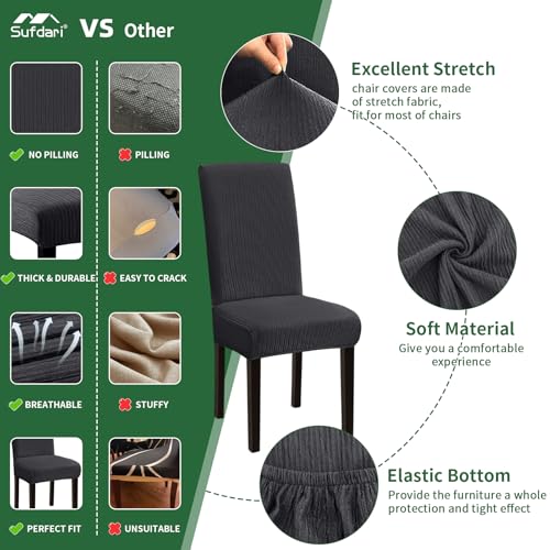Sufdari Dining Room Chair Covers Set of 4, Dark Gray Non-Slip Spandex Kitchen Parsons Slipcovers for Dining Chairs, Hotel (Large) - Image 5