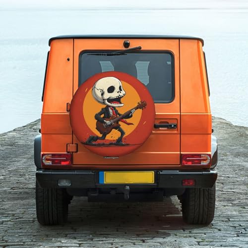 Image of Skeleton Playing Guitar Spare Tire Cover, Universal Wheel Tire Cover Funny Skull Skeleton Tire Protectors for Trailer RV SUV Truck Camper 14 Inch