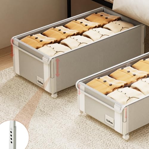 2Pack Under Bed Storage with Wheels,9.5"-12"Tall Adjustable Height Underbed Storage,Deep