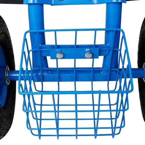 Carrito de Jardín Scooter con Asiento Giratorio 360°, Estructura de Acero Resistente, Taburete Rodante con 4 Ruedas, Asa Ajustable y Bandeja de Almacenamiento, para Trabajo en el Jardín (Azul) miniatura 7
