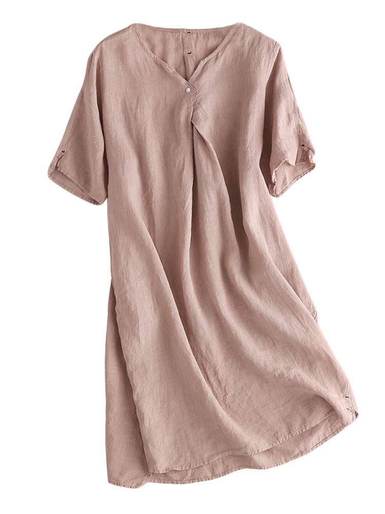Mallimoda Damen Sommerkleid Leinenkleider V-Ausschnitt Kurzarm Midi Kleid Lange Tunika Bluse Große Größen