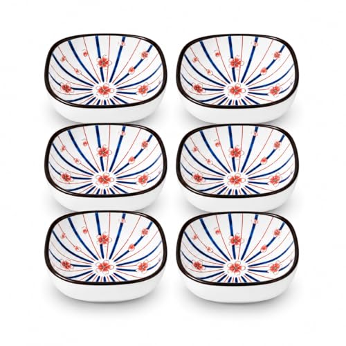 Image of Japanese Ceramic Bowl Set of 6 | 200ml for Dips, Snacks & Desserts Square Serving Bowls | Microwave & Dishwasher Safe, Small Bowls for Sauce, Ramen, Fruits & Side Dishes (Sakura Burst)