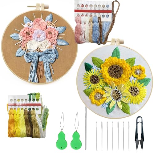 Image of Allazone 2 Sets Embroidery Kit for Beginners, Stitch Practice Kits for Craft Lover Hand Stitch with Embroidery Fabric with Stamped Pattern, Starter Stitch Kits Suitable for Adults (Sunflower)