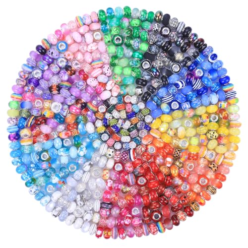 Aipridy 224 Pcs Large Hole European Beads Craft Supplies Kit Assorted Mixed Color Lampwork Spacer Beads for DIY Bracelet Jewelry Making224 Mixed Pack by Style(14)