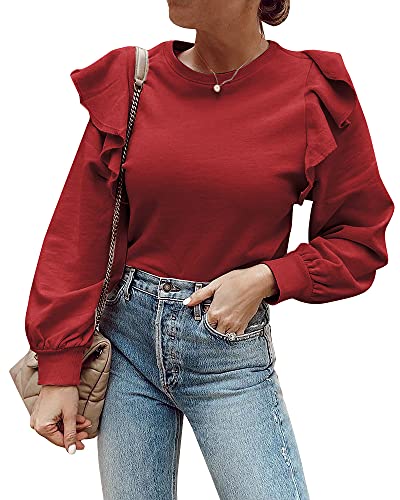 Zwurew Women s Casual Ruffle Shoulder Hoodies Long Sleeve Lightweight Sweatshirts Cute Soild Color Pullover Tops