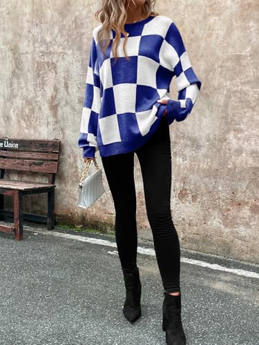 Image of SHENHE Women's Checkered Color Block Oversized Sweater Plaid Crew Neck Drop Shoulder Pullovers