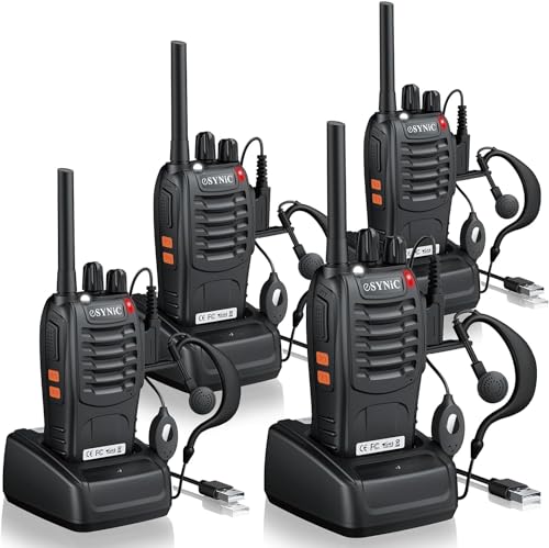 eSynic 4PCS Walkie Talkies de Larga Distancia con Auriculares Walkie-Talkie Profesional 16 Canales 1500mAh con Cargador USB Soporta VOX para...
