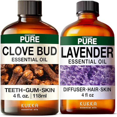 Image of Clove Oil for Oral Care & Lavender Oil Essential Oil for Diffuser Set - Aromatherapy Grade Essential Oils Set - 2x4 fl oz - Kukka