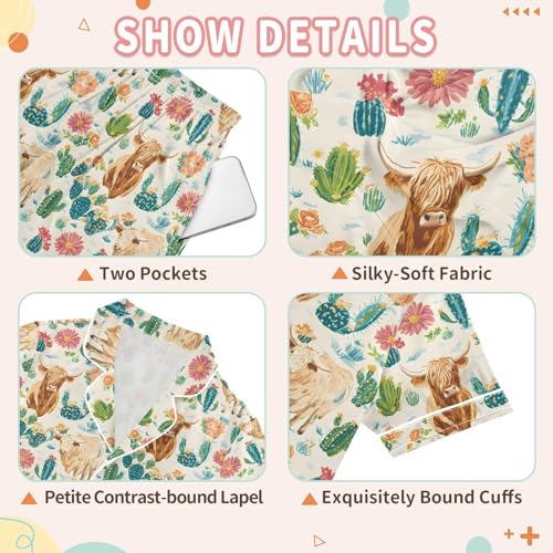 Cactus Flowers Highland Cow Pattern Pajamas Set Summer Button Down Sleepwear Pjs Sets Comfy Loungewear3