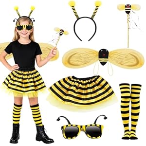 Bienenkostüm Kinder Accessoires, Faschingskostüme Kinder Mädchen, Bienen Kostüm Zubehör mit Bienen Flügel Haarreif Zauberstab Bienenbrille Socken Röcke,Bienenkostüm Set für Halloween Fasching Karneval