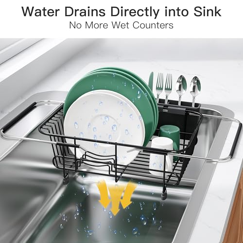 Image of JASIWAY Black Dish Drying Rack in Sink with Utensil Holder, RV, Apartment