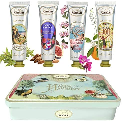 Beauty Present For Women: 4 Hand Cream Set/Shea Butter, Aloe Vera/Tin Box/Un Air d’Antan®/ 4 Perfume: Verbena, Cherry Blossom, Rose, Almond/For Her/Mum Presents/Skincare Set/Hand Care Set