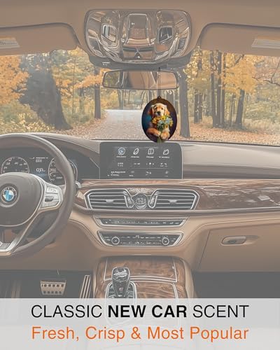 Image of Golden Retriever - Dog Car Air Freshener - Cute Hanging Dog with Flowers Decor New Car Scent, Infusible with Your Own Scent, Pet Safe, Non-Toxic, Freshener for Car, Closet, Office Size - 3x4 inch