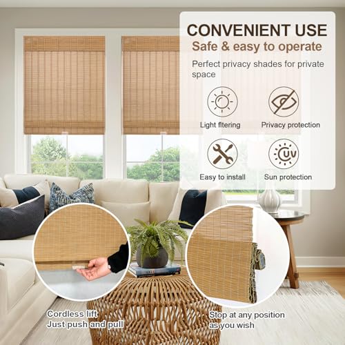 No Drill Custom Cordless Bamboo Blinds, Bamboo Roman Blinds Shades for Indoor Windows, Light Filtering, Easy to Install for Home & Patio