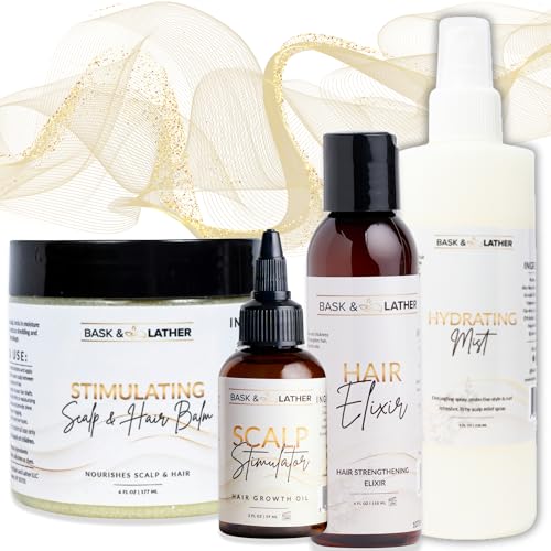 BASK & LATHER Moisture & Seal Bundle | Hair Elixir + Scalp Stimulator Oil + Balm + Hydrating Mist | Complete Natural Haircare System for Growth & Hydration