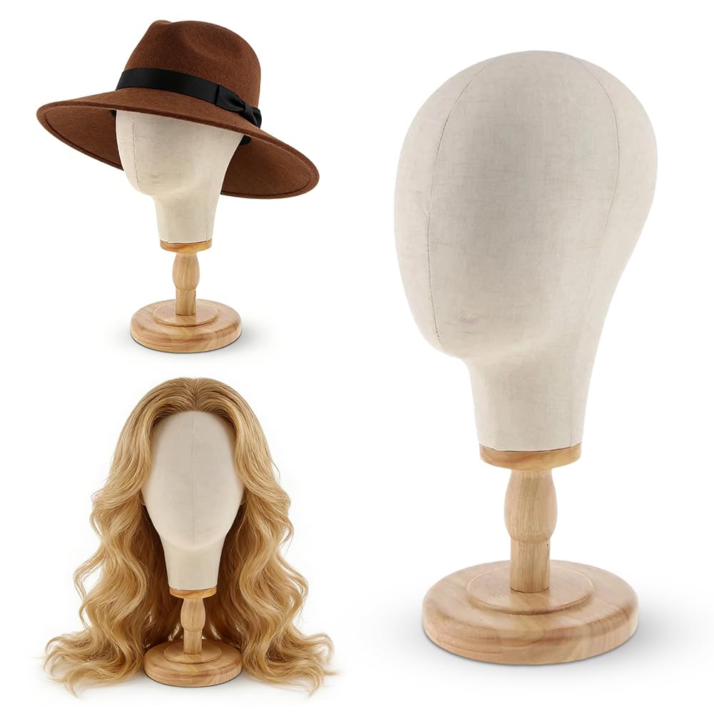Tête de mannequin de 54 cm, support de perruque, tête de mannequin avec base en bois, support multifonctionnel, support de tête de mannequin en toile solide pour perruques, chapeaux, maison, salon