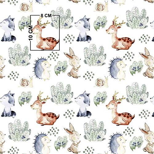 100x160cm Tiere Wald 2 100% Baumwolle Baumwollstoff Kinder Meterware Handwerken Nähen Stoff (Reh Igel Hase Schnecke, 100x160cm)