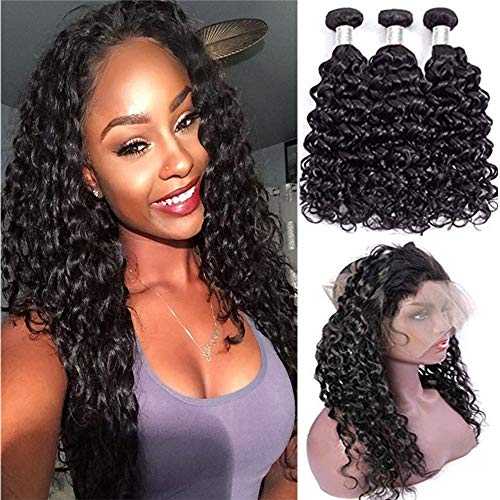 Brazilian Water Wave Bundles with 360 Lace Frontal Closure with Baby Hair Pre Plucked Hairline Wet and Wavy Human Hair Bundles with Closure 100% Unprocessed Virgin Hair(12 14+10''360 Closure)