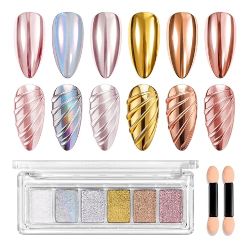 Beetles Chrome Nail Powder 6 Colors Mirror Gold Silver Effect Pearl White Crome Powder for Nail Solid Pigment Holographic Aurora Nails Art Decoration Glitter Manicure Gift for Women