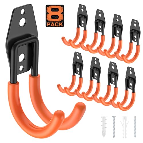 Cpais Garage Hooks with Anti-Slip Coating,Heavy Duty Wall Mount Storage Hooks for Hanging Bike,Hose,Ladder,Yard,Garden Tools (8 Pack Orange 4.7x2.6 inch)
