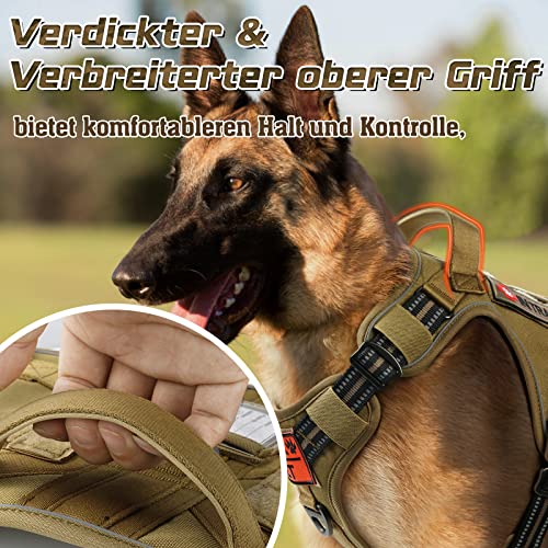 rabbitgoo Hundegeschirr Grosse Hunde, Anti Zug Geschirr Hund Verstellbar mit Griffe Verbreitert, Robust und Verschleißfest, Taktisches Hundegeschirr mit Metallschnallen zum Wandern(L, Braun)