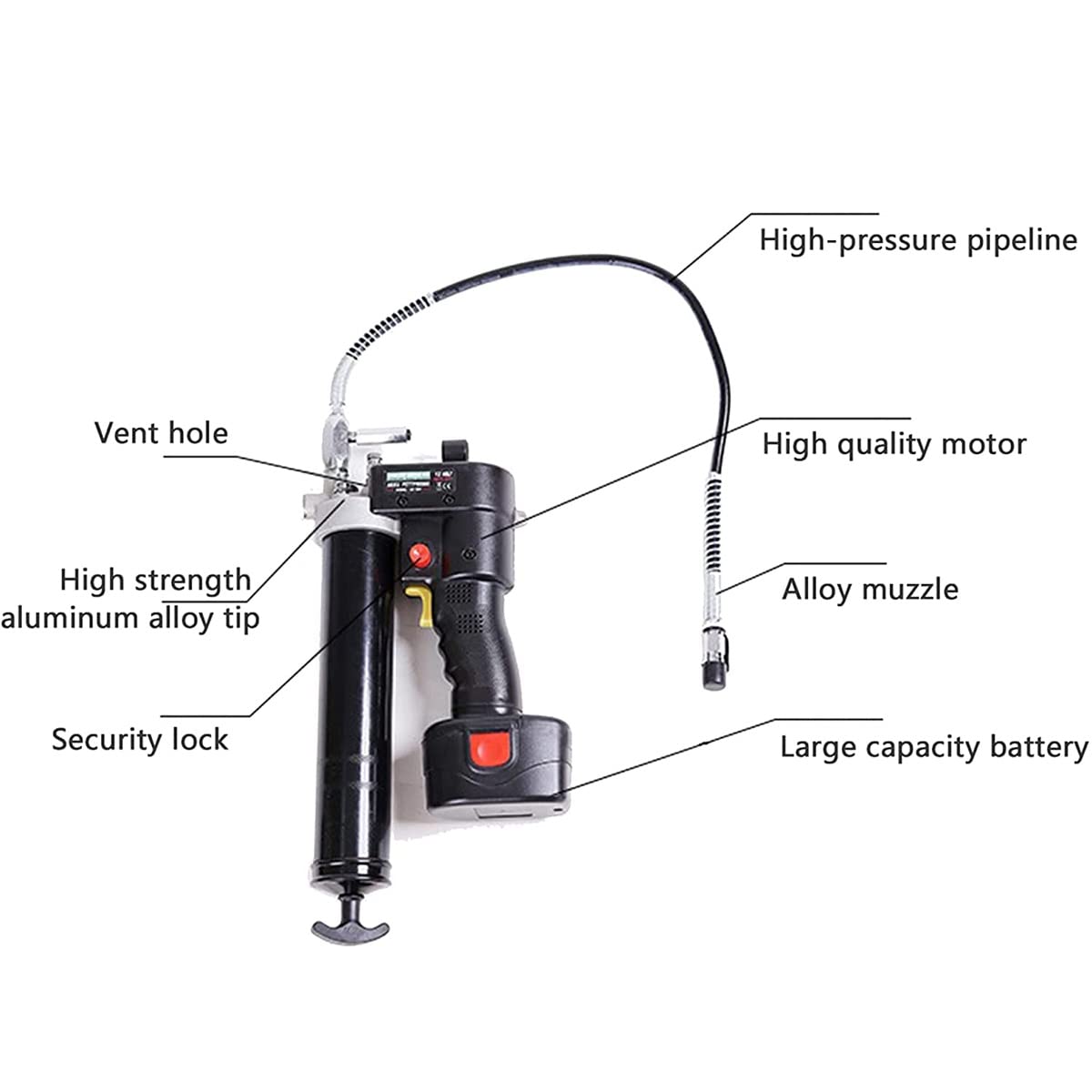 Pistola engrasadora inalámbrica eléctrica, Pistola engrasadora de Alta presión Recargable Profesional de 18 V, con Paquete de 2 baterías, Manguera a Prueba de explosiones de 12000 PSI