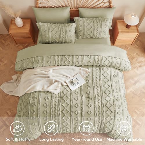 Image of MR&HM Boho Comforter Set King, Sage Green 7 Pieces Bedding Set, Farmhouse Shabby Chic Bed in a Bag with 1 Comforter, 2 Pillow Shams, 2 Pillowcases, 1 Flat Sheet, 1 Fitted Sheet for All Seasons