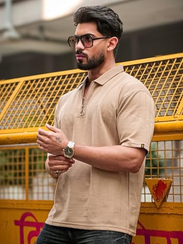 Image of Maniac || Mens || Textured || Polo Neck || 3 /4th Sleeve || Half Zipper || Cotton || T-Shirt