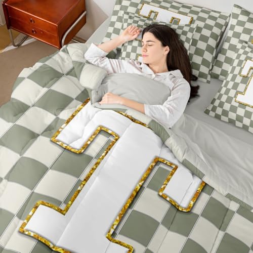 Image of Erosebridal Sage Green Checkered King Bed in A Bag 7 Piece Plaid Initial T Comforter Set with Sheets Personalized Monogram Bedding Sets for Kids Adults,Fashion Grids Gingham Bed Set