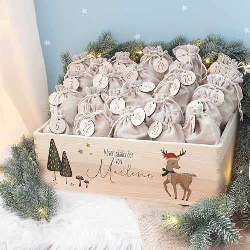 Personalisierte Adventskiste - Adventskalender 2025 Kinder aus Holz mit Namen - Aquarell Druck Kalender DIY - Weihnachtskalender für Kinder - hellomini (Reh Druck) Personalisierte Adventskiste - Adventskalender 2025 Kinder aus Holz mit Namen - Aquarell Druck Kalender DIY - Weihnachtskalender für Kinder - hellomini (Reh Druck)