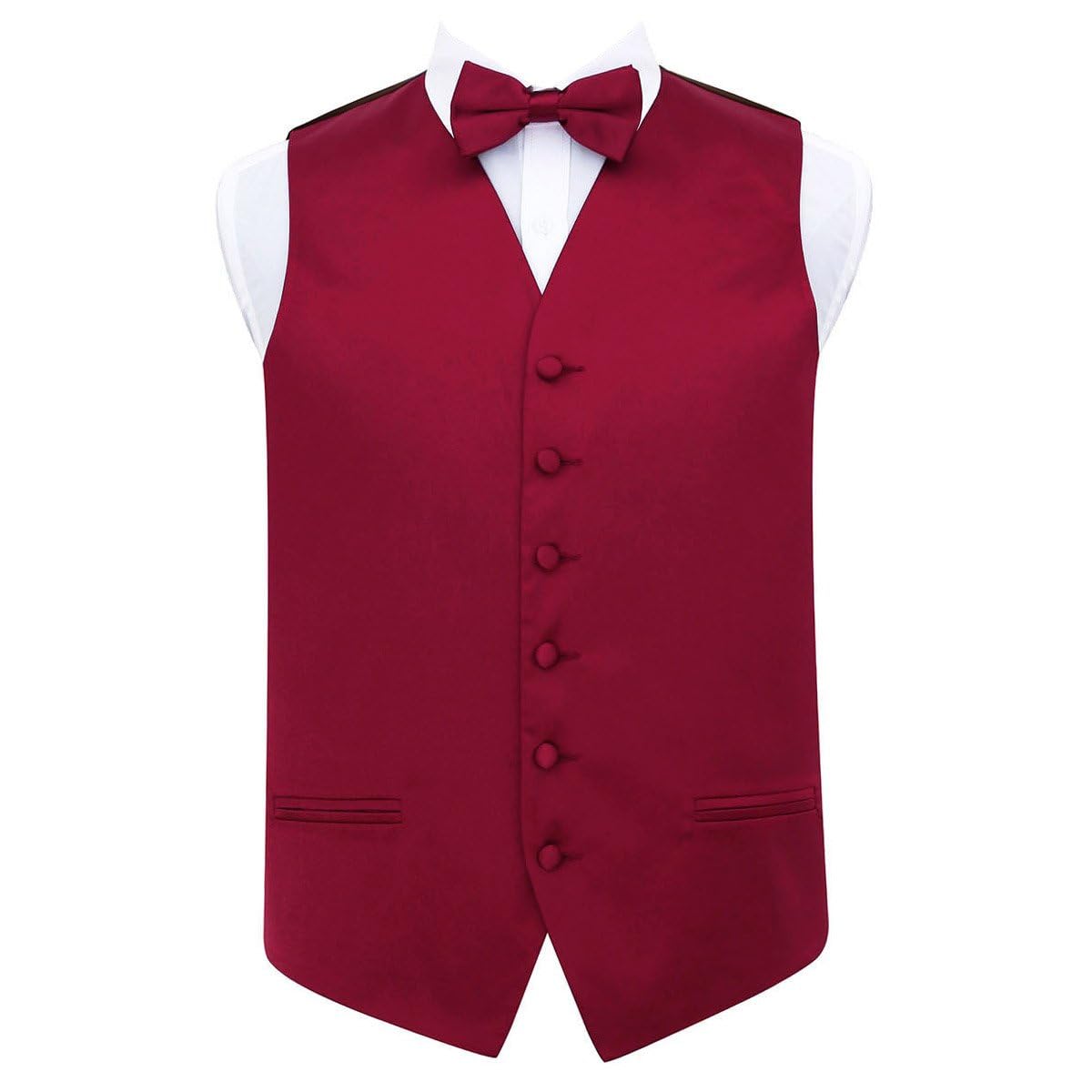 DQT Mens Plain Satin Waistcoat & Pre-Tied Bow Tie Set (2pc) - Wedding, Business & Formal - Burgundy 38" (M)
