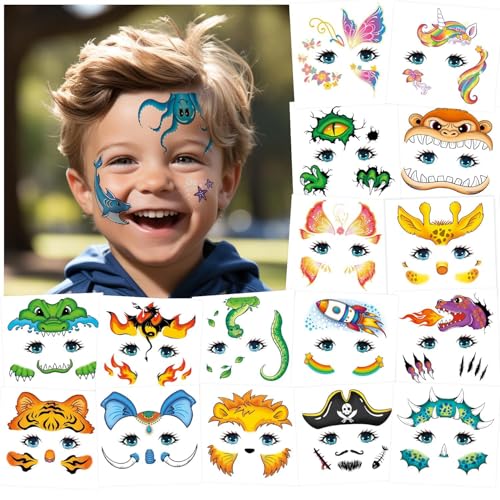 Partywind Temporary Face Tattoos for Kids, 24 Styles Creative Face Stickers for Face Painting, Waterproof Fake Tattoo Stickers for Kids Makeup, Birthday Party Favors Supplies Goodie Bag Stuffers