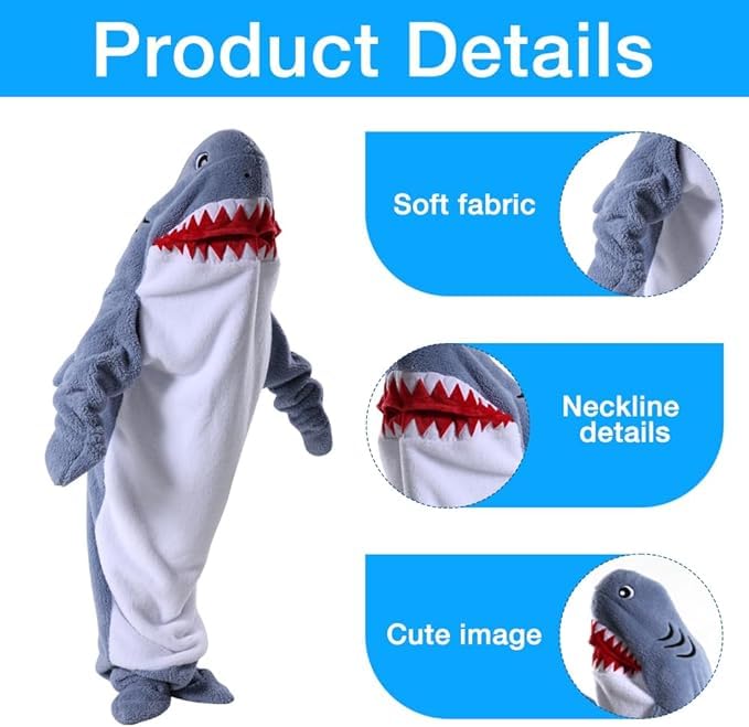Coperta Squalo Indossabile In Flanella Super Morbida - XL Per Adulti E Bambini - Foto 3