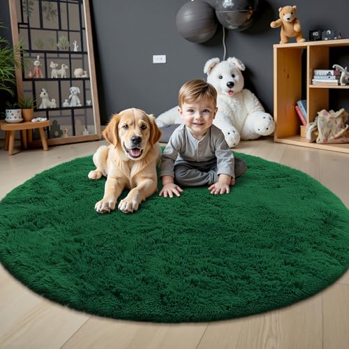 OLANLY Dark Green Round Rugs for Bedroom - Machine Washable, 5 ft Circle Area Rugs for Living Room, Soft and Fluffy Shaggy Carpet for Teen Girls and Boys, Nursery Rooms, Dorms, Home Decor Aesthetic