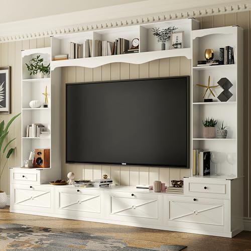Loomie 104' W Wall Unit TV Stand with Storage for TVs up to 80', Large Farmhouse Wall Unit Entertainment Center with Bridge & Bookshelves, Tall TV Console Table Media Center for Living Room (White)