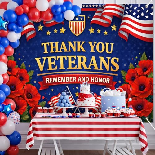 Image of BlissYard Thank You Veterans Backdrop Veterans Day Military Appreciation Banner Patriotic Tribute Decorations 8x6ft Remember and Honor Decor 4th of July Independence Day Patriotic Celebration