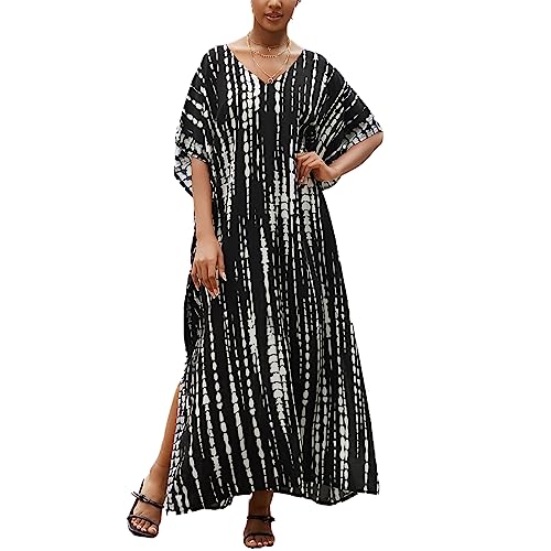 Image of sunforyou Kaftan Dresses for Women Plus Size Lightweight Swimsuit Cover up Batwing Sleeve Print Loungewear Beach Robe
