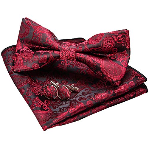 JEMYGINS Dunkelrot Paisley Fliege und Einstecktuch mit Manschettenknöpfe Sets für Herren (Dunkelrot2)