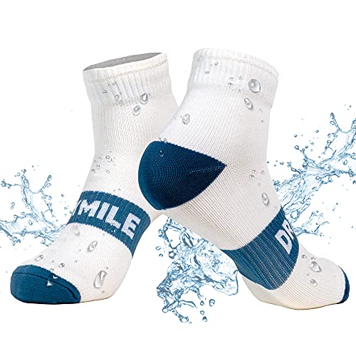 DRYMILE Active Waterproof Socks, Breathable Cushioned Running, Hiking, Winter Waterproof Socks for Men & Women - Ankle (Small, White/Blue)
