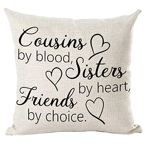 Ramirar Funda de almohada decorativa inspiradora con cita artística de primos de Blood Sister by Heart Friends by Choice, funda de almohada decorativa inspiradora para el hogar, sala de estar, cama,