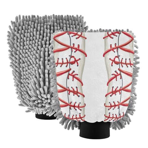 Kigai Baseball Stripes Car Wash Mitt Microfiber, 2Pcs Scratch Free Lint-Free, Premium Chenille Microfiber Mitt Car Wash Brush-M