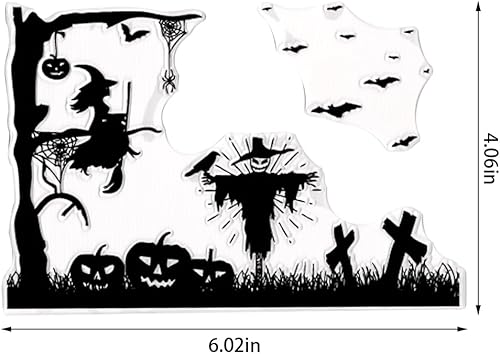 Miniatura 2 de Threetols Marco de árbol de Halloween, sellos transparentes para hacer tarjetas, telaraña de espantapájaros, sellos de goma transparente, sellos de