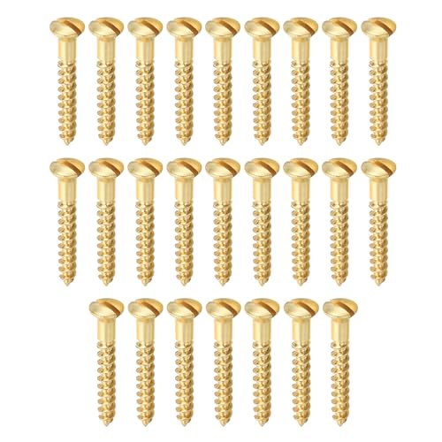 PATIKIL M3.5 x 25mm Slotted Wood Screw, 25 Pack Solid Brass Oval Head Flat Head Self Tapping Screws for Wood Furniture Connecting, Gold Tone
