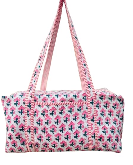 Large Cotton Quilted Weekender Travel Bag, Handmade Quilted Fabric Duffle Bag, Block Printed Overnight Bags, Hand Luggage Bag, Bags for Women, (20X10X10 INCH) - Main Image