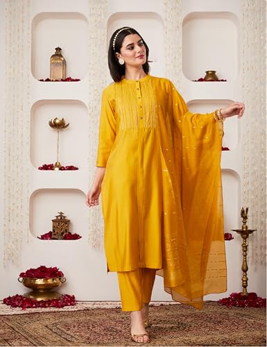 Image of Amazon Brand - Myx Women's Embroidered Kurta Pant Set with Dupatta (Available in Plus Sizes)